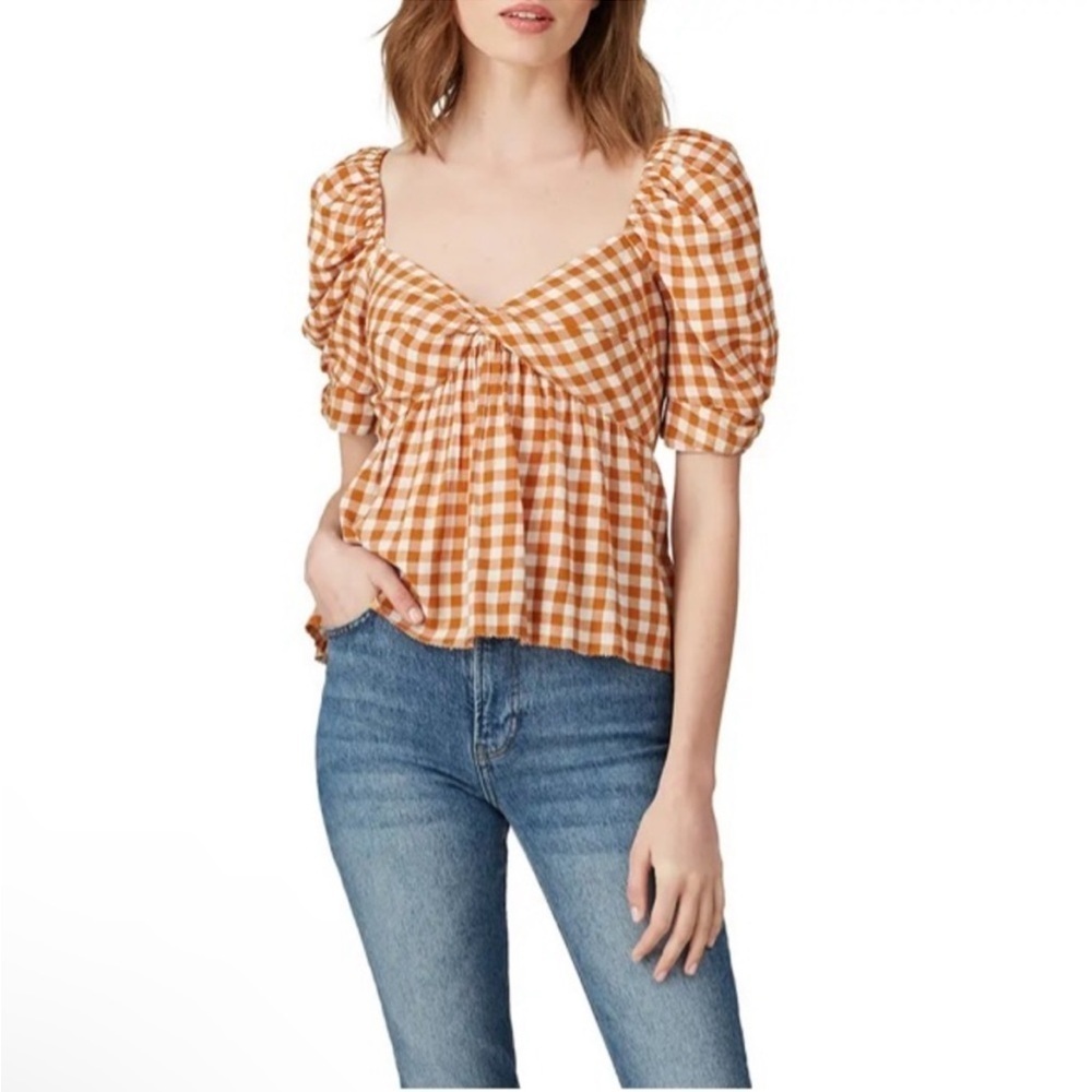 SAYLOR Glenny Gingham Puff-Sleeve Top Size S Burnt Orange